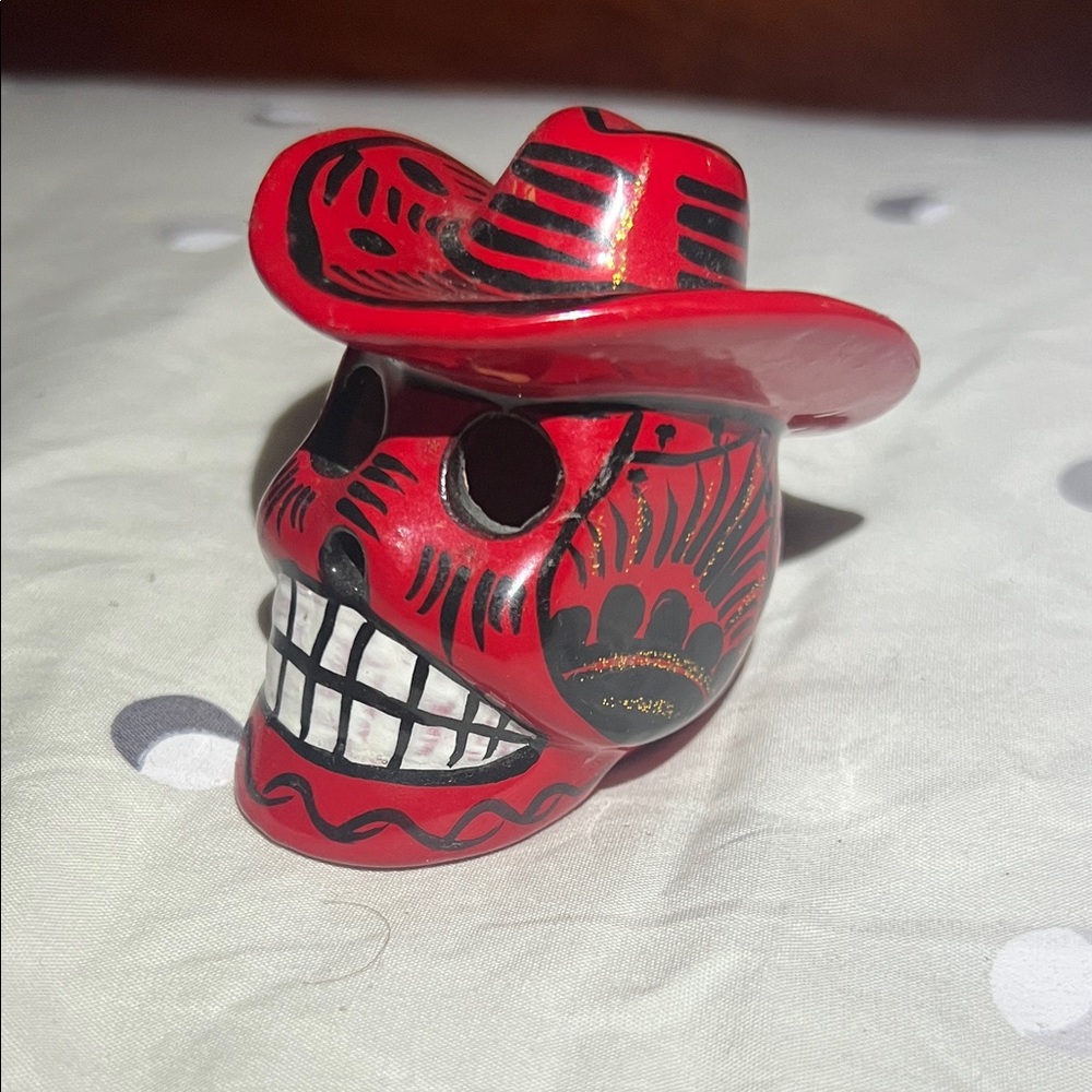 Red Skull Figurine with Hat Mexico los cabos